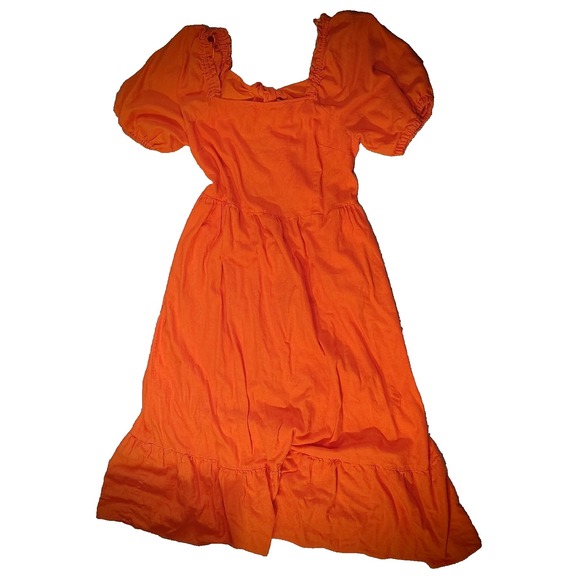 Who What Wear Orange Off Shoulder‎ Puff Sleeve Sundress Linen Blend Elastic Tie - Picture 1 of 12